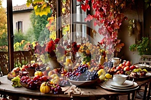 a rustic terrace filled with pots with autumn flowers and a vine full of red leaves and bunches of grapes.