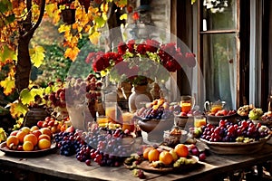 a rustic terrace filled with pots with autumn flowers and a vine full of red leaves and bunches of grapes.