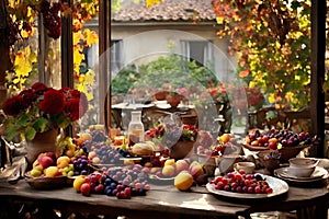 a rustic terrace filled with pots with autumn flowers and a vine full of red leaves and bunches of grapes.