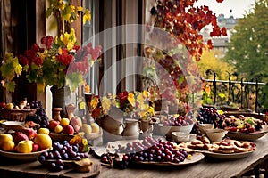 a rustic terrace filled with pots with autumn flowers and a vine full of red leaves and bunches of grapes.