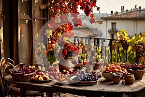 a rustic terrace filled with pots with autumn flowers and a vine full of red leaves and bunches of grapes.