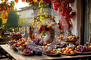 a rustic terrace filled with pots with autumn flowers and a vine full of red leaves and bunches of grapes.