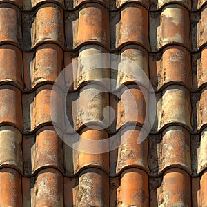 Rustic terracotta roof tiles with weathered texture pattern photo