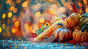 Rustic Thanksgiving Table with Pumpkins, Corncobs, Garland, and Defocused Lights