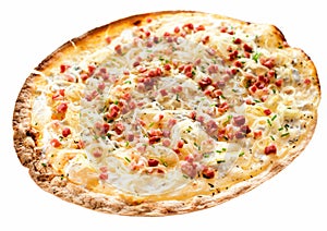 Rustic Thin Crust TArte Flambee Pizza on White Background