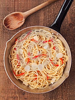 Rustic traditional italian aglio olio spaghetti pasta