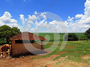 Rustic traditional shed at the farm. There are soy plantation in the scenery and the sky is bright blue