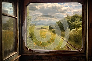 rustic train window view with passing countryside