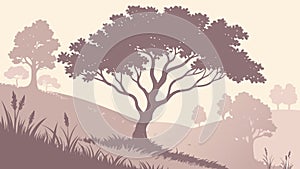 Rustic Tree on Rolling Hill Landscape, vector design Generative AI