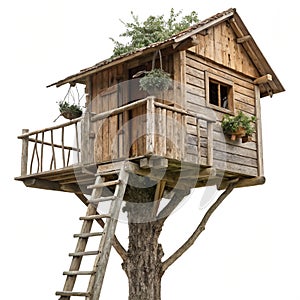 Rustic treehouse with a ladder isolated on white background