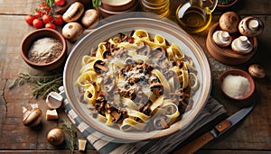 A rustic Tuscan pasta dish featuring perfectly al dente pappardelle, illustration