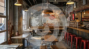 Rustic Urban Cafe Interior With Exposed Brick Walls and Industrial Lighting During Daytime
