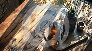 Rustic vases and cups on a wooden table with sunlight