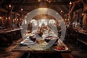 Rustic Viking feast hall, where long wooden tables are laden with roasted meats, hearty stews, and flagons of mead illustration