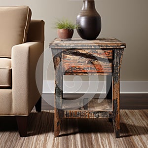 Rustic Vintage Canvas End Table With Distressed Wood Design