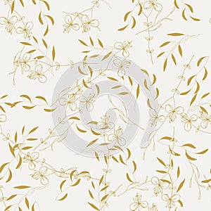 Rustic vintage golden leaves and hand sketched flowers seamless pattern on light colored background. Botanical vector illustration