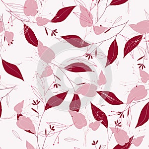 Rustic vintage pink leaves and hand sketched flowers seamless pattern on white background. Botanical vector illustration of