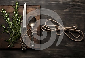Rustic vintage set of cutlery knife, spoon, fork. Black background. Top view. Created with Generative AI technology.