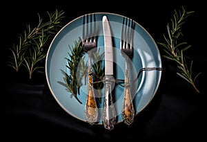 Rustic vintage set of cutlery knife, spoon, fork. Black background. Top view. Created with Generative AI technology.