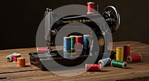 Rustic Vintage Sewing Machine and Colorful Threads A vintage sewing machine sits on a rustic wooden table surrounded by vibrant