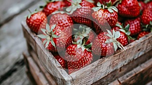 Rustic warehouse setting juicy strawberries in wooden crates with soft natural lighting for food ad