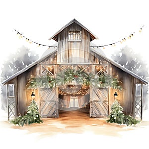 Rustic Watercolor Christmas Barn Dance with Fairy Lights and Mistletoe AI Generated