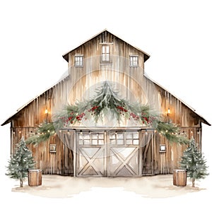 Rustic Watercolor Christmas Barn Dance with Fairy Lights and Mistletoe on White Background AI Generated