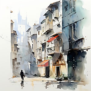 Rustic Watercolor Painting: City Walk With Precise Architecture And Maranao Art photo