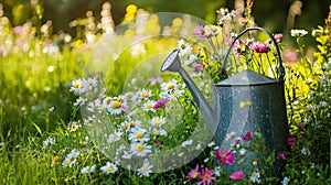 Rustic watering can in vibrant summer garden