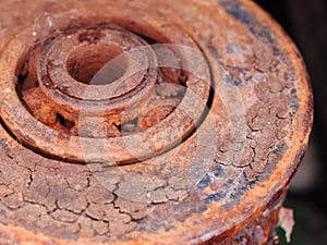 Rustic weathered large roller with ball bearing disassembly from worn out factory slide door after flood show dried out grease and