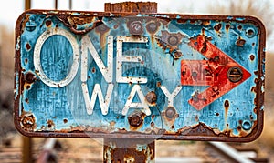 Rustic and weathered One Way sign with a directional arrow, on a rusty post, indicating a single direction against a clear