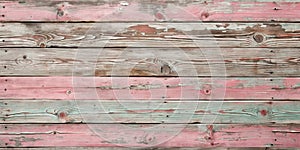Rustic weathered wooden planks with pastel pink and teal paint. Generative AI