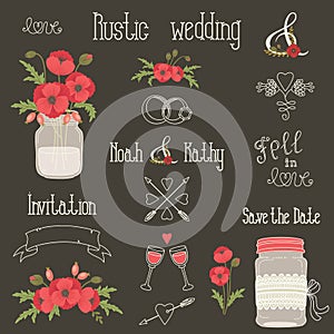 Rustic wedding design elements with poppy flowers