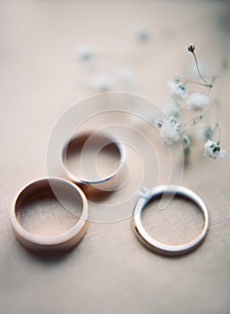 Rustic wedding. Golden wedding rings and engagement ring on beige background, eternal love concept