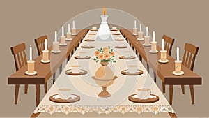 A rustic wedding reception with long wooden tables adorned with vintage lace runners mismatched china plates and photo
