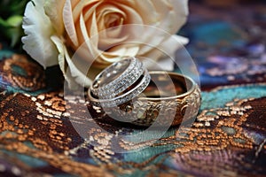 rustic wedding rings in an abalone shell, on a lace tablecloth