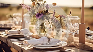 A rustic wedding table setting with wildflowers