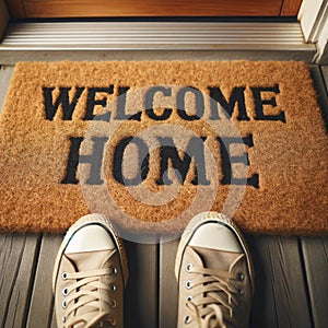 Rustic Welcome Home Sign Among Autumn Leaves