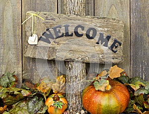 Rustic welcome sign with autumn leaves and pumpkin border