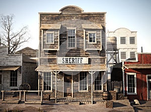 Rustic western town sheriff`s office. 3d rendering.