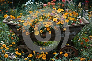 Rustic Wheelbarrow Overgrown with Wild Garden Flowers The wood blurs with the bloom