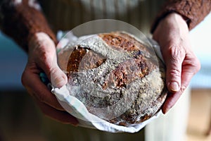Rustic wholegrain sourdough bread, hands holding fresh loaf photo