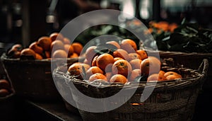 A rustic wicker basket of fresh citrus fruit generated by AI