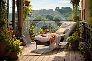 rustic wicker sun lounger on a countryside home balcony with potted plants