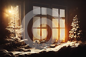 Rustic window covered with snow at christmas night. Idyllic xmas and new year vintage background. Winter holiday scene view trough