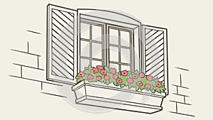 Rustic Window with Flower Box and Shutters Vector, vector design Generative AI