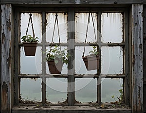 Rustic Window with Hanging Potted Plants