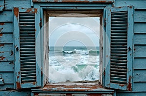 Rustic window overlooking ocean waves on a cloudy day