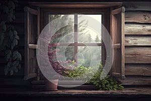 Rustic window and plants. AI generative