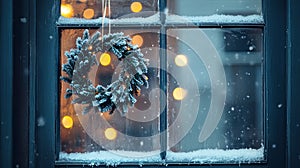 rustic window with wreath, flickering lights, and icy patterns .